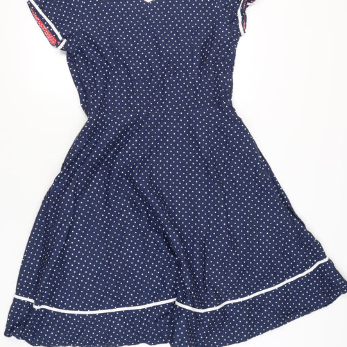 Palava Womens Blue Polka Dot Fit & Flare Dress UK 16 V-Neck Cotton
