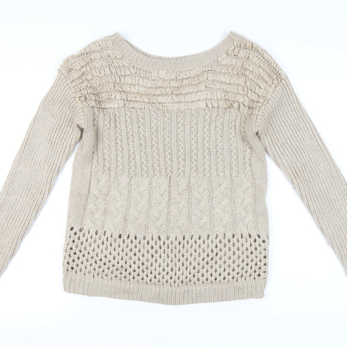 Warehouse Women Beige Size 14 Boat Neck Cable Knit Jumper
