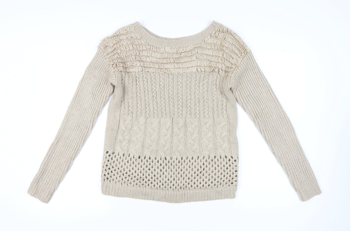 Warehouse Women Beige Size 14 Boat Neck Cable Knit Jumper