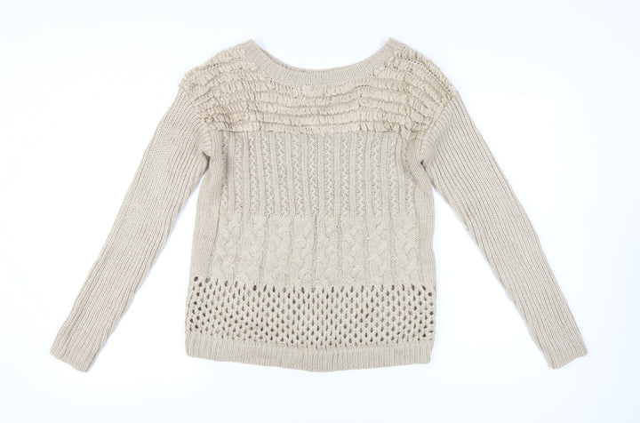 Warehouse Women Beige Size 14 Boat Neck Cable Knit Jumper
