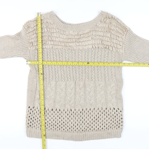 Warehouse Women Beige Size 14 Boat Neck Cable Knit Jumper