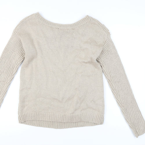 Warehouse Women Beige Size 14 Boat Neck Cable Knit Jumper