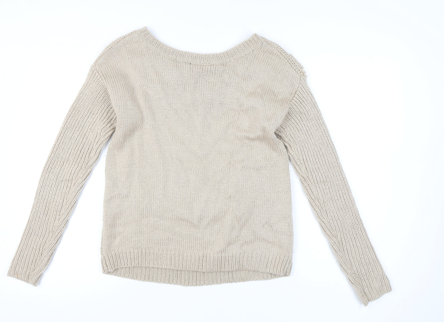 Warehouse Women Beige Size 14 Boat Neck Cable Knit Jumper
