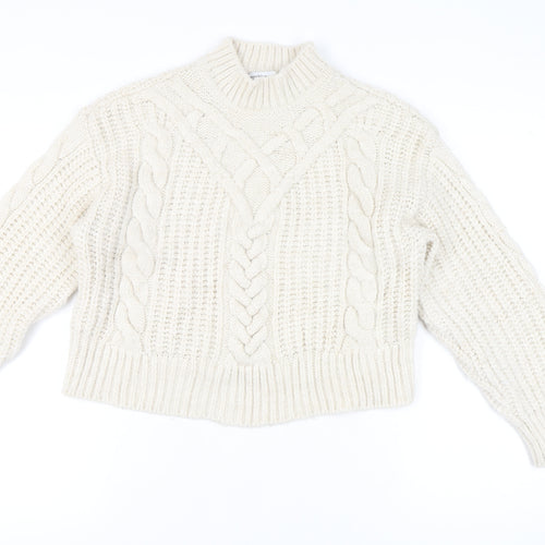 Bershka Women’s Ivory Cable-Knit Mock Neck Jumper Size 12
