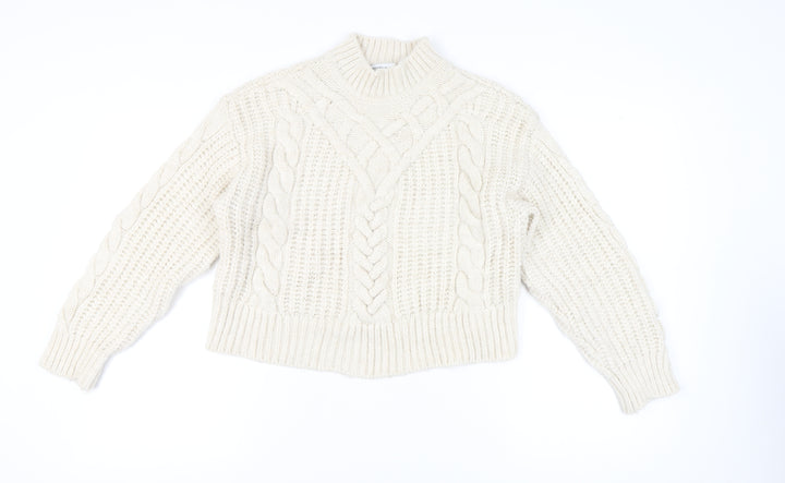 Bershka Women’s Ivory Cable-Knit Mock Neck Jumper Size 12