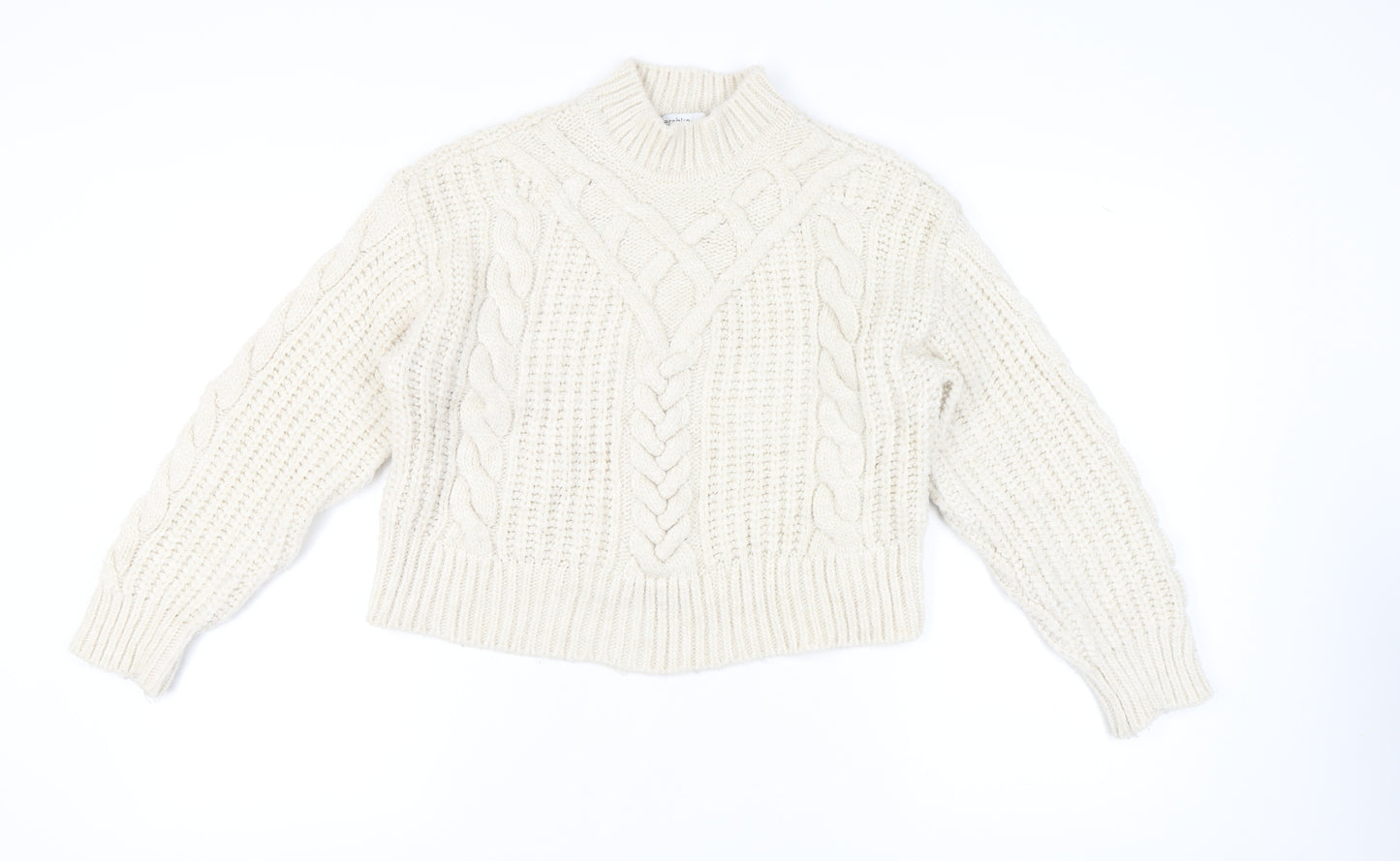 Bershka Women’s Ivory Cable-Knit Mock Neck Jumper Size 12