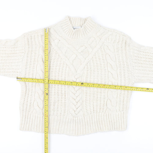 Bershka Women’s Ivory Cable-Knit Mock Neck Jumper Size 12