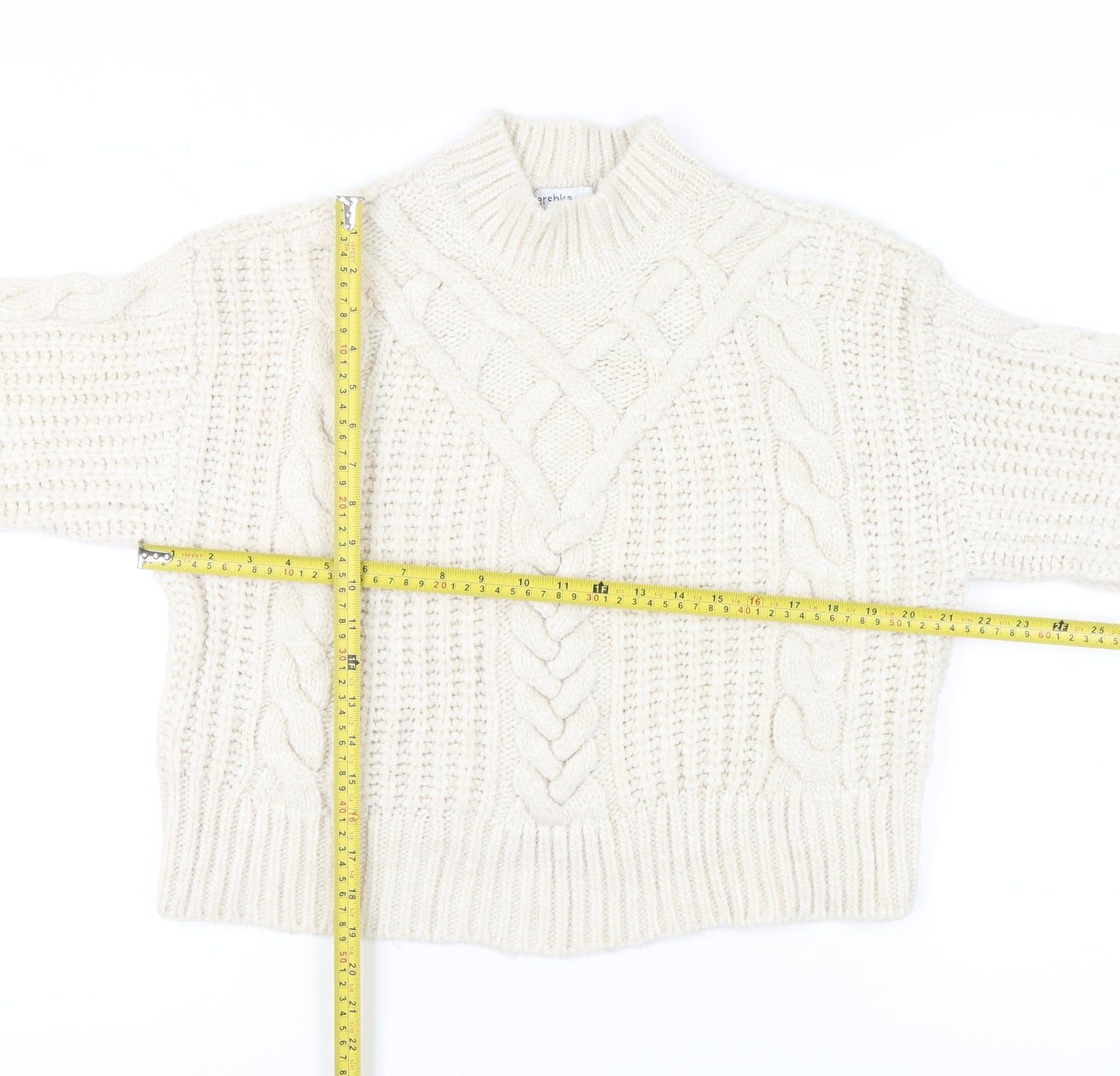 Bershka Women’s Ivory Cable-Knit Mock Neck Jumper Size 12