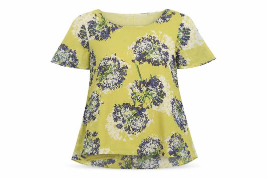 Front view of Bonmarché women’s multicoloured floral short sleeve blouse, size UK 12