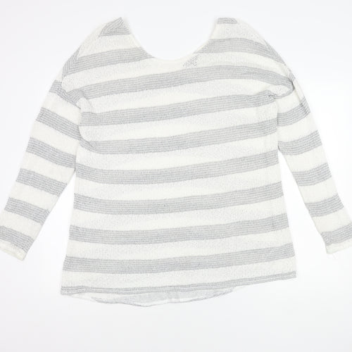 Next Women's Grey Striped Open-Knit Scoop Neck Jumper Size 18