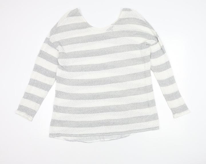 Next Women's Grey Striped Open-Knit Scoop Neck Jumper Size 18