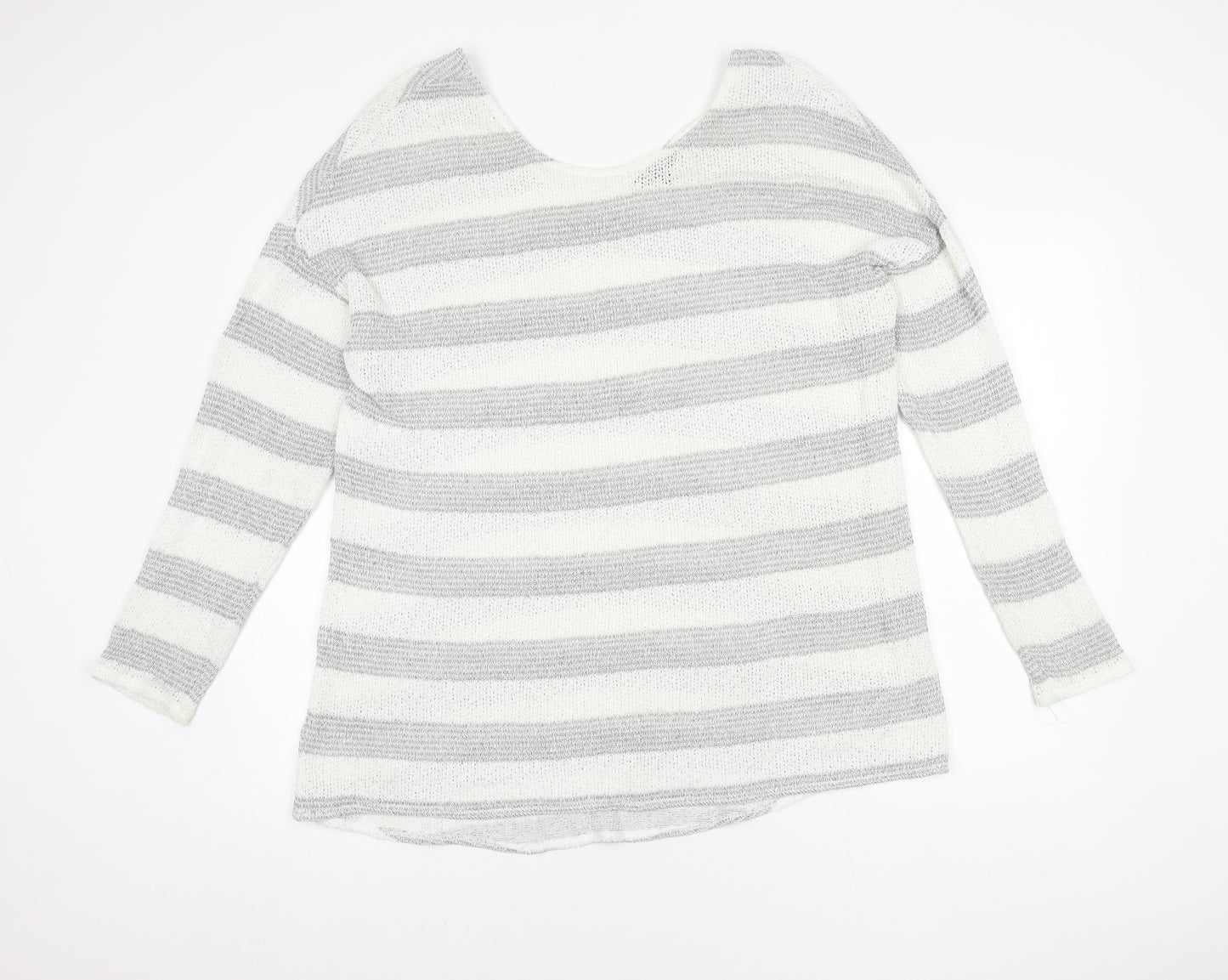 Next Women's Grey Striped Open-Knit Scoop Neck Jumper Size 18