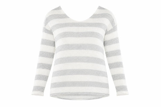Front view of Next Women's Grey Striped Open-Knit Scoop Neck Jumper, size 18