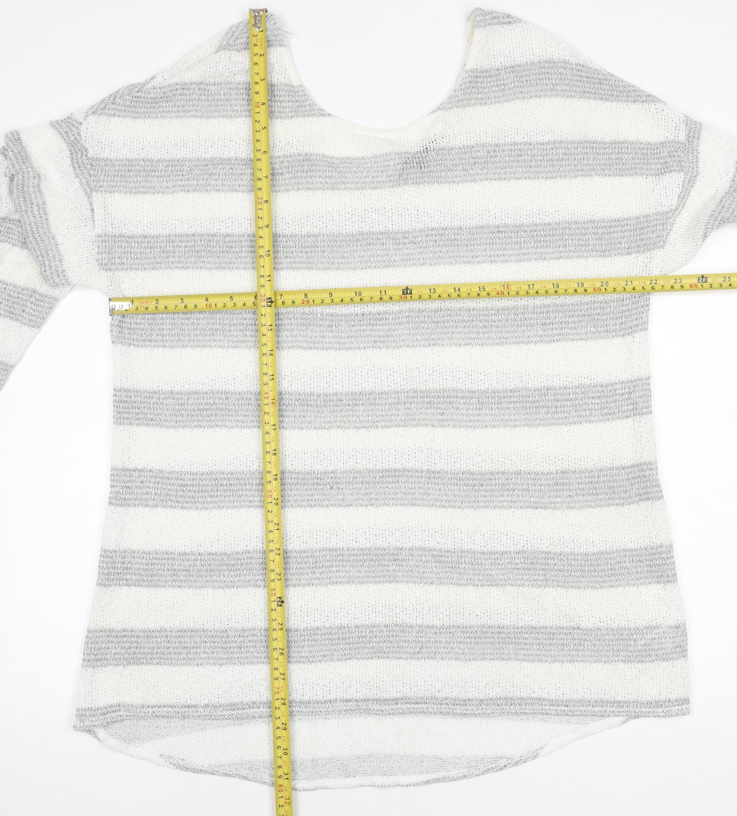 Next Women's Grey Striped Open-Knit Scoop Neck Jumper Size 18