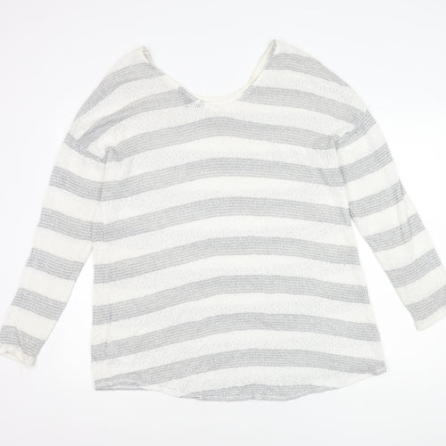 Next Women's Grey Striped Open-Knit Scoop Neck Jumper Size 18