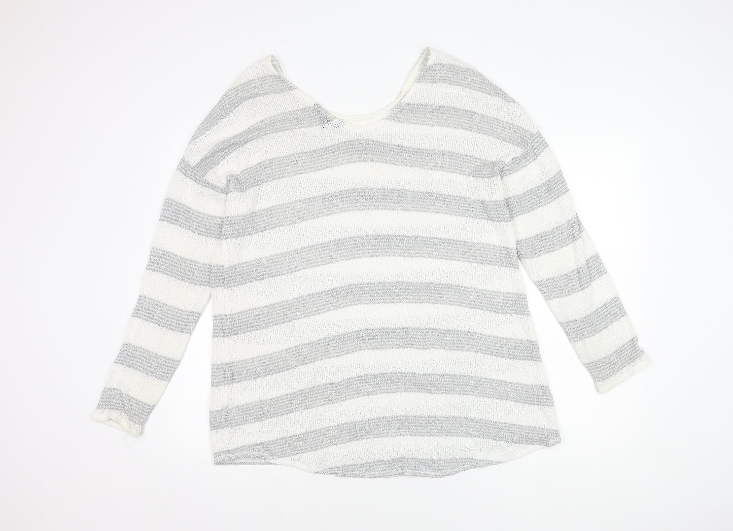 Next Women's Grey Striped Open-Knit Scoop Neck Jumper Size 18
