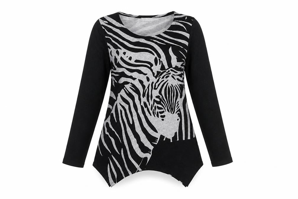 Front view of CMD Women's Black Zebra Print jumper Scoop Neck M