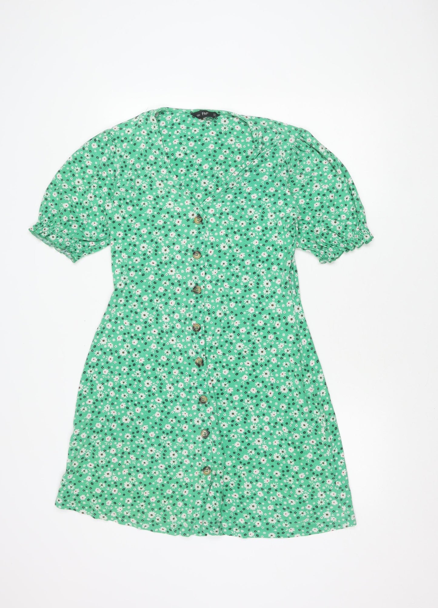F&F Women’s Green Floral Puff Sleeve Shirt Dress Size 12