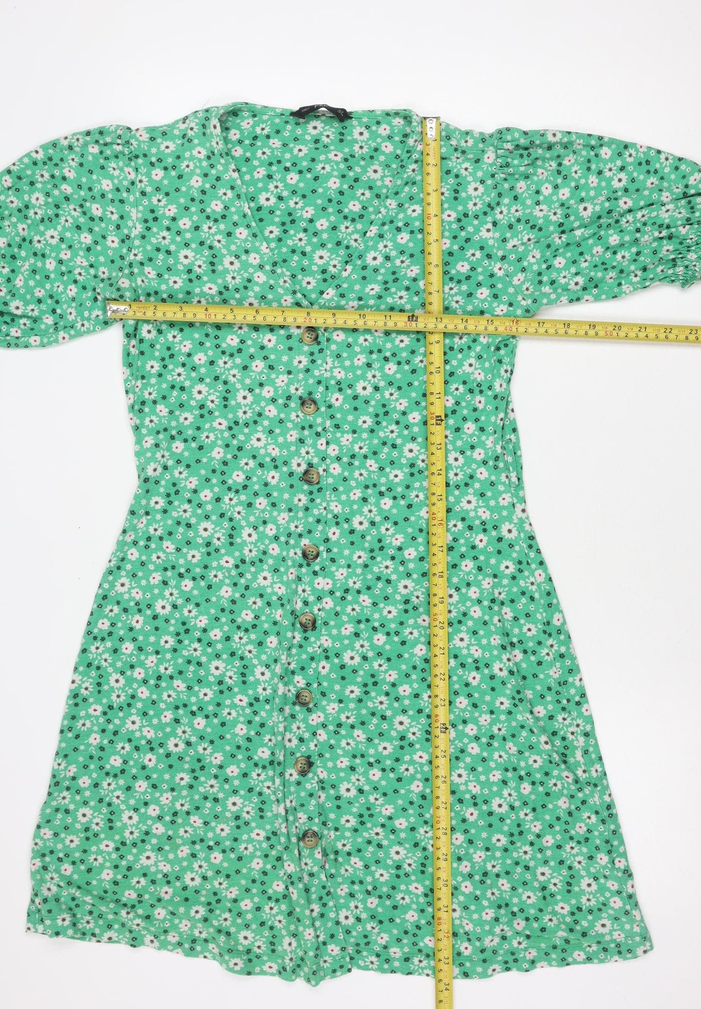 F&F Women’s Green Floral Puff Sleeve Shirt Dress Size 12