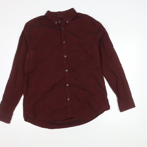 Burton Menswear London Men's Red Linen Cotton Long Sleeve Button-Up Shirt L