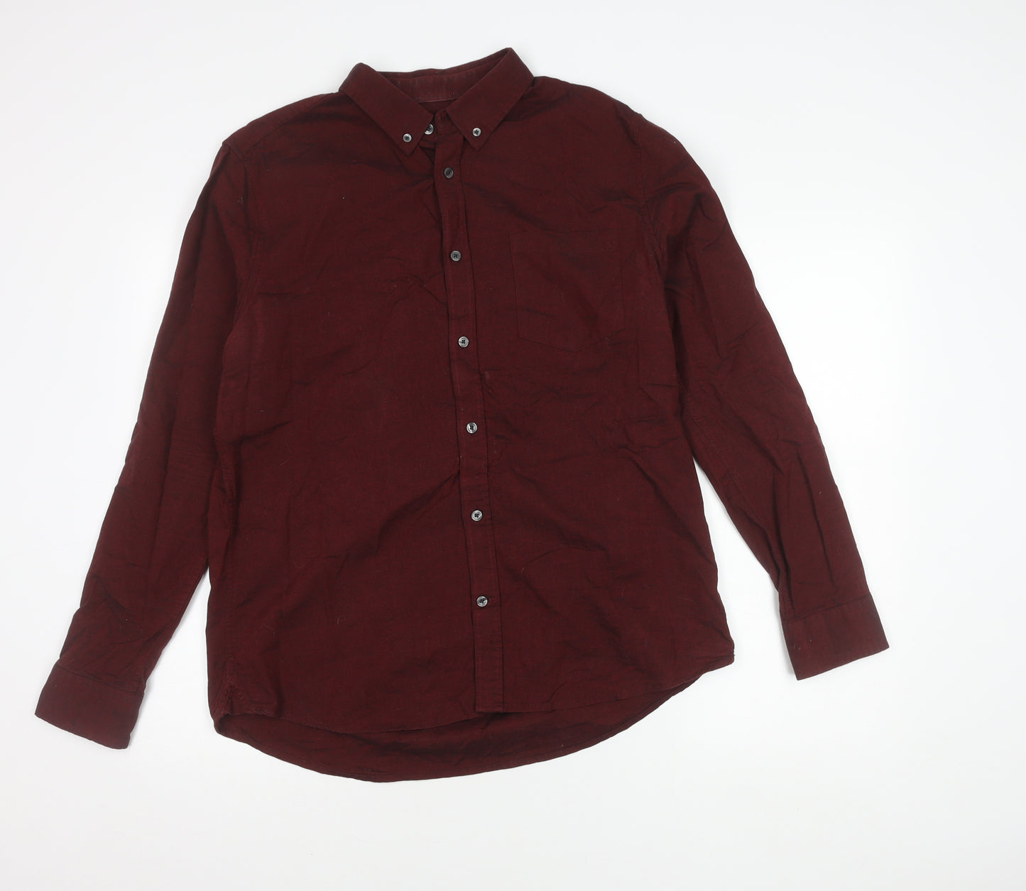 Burton Menswear London Men's Red Linen Cotton Long Sleeve Button-Up Shirt L