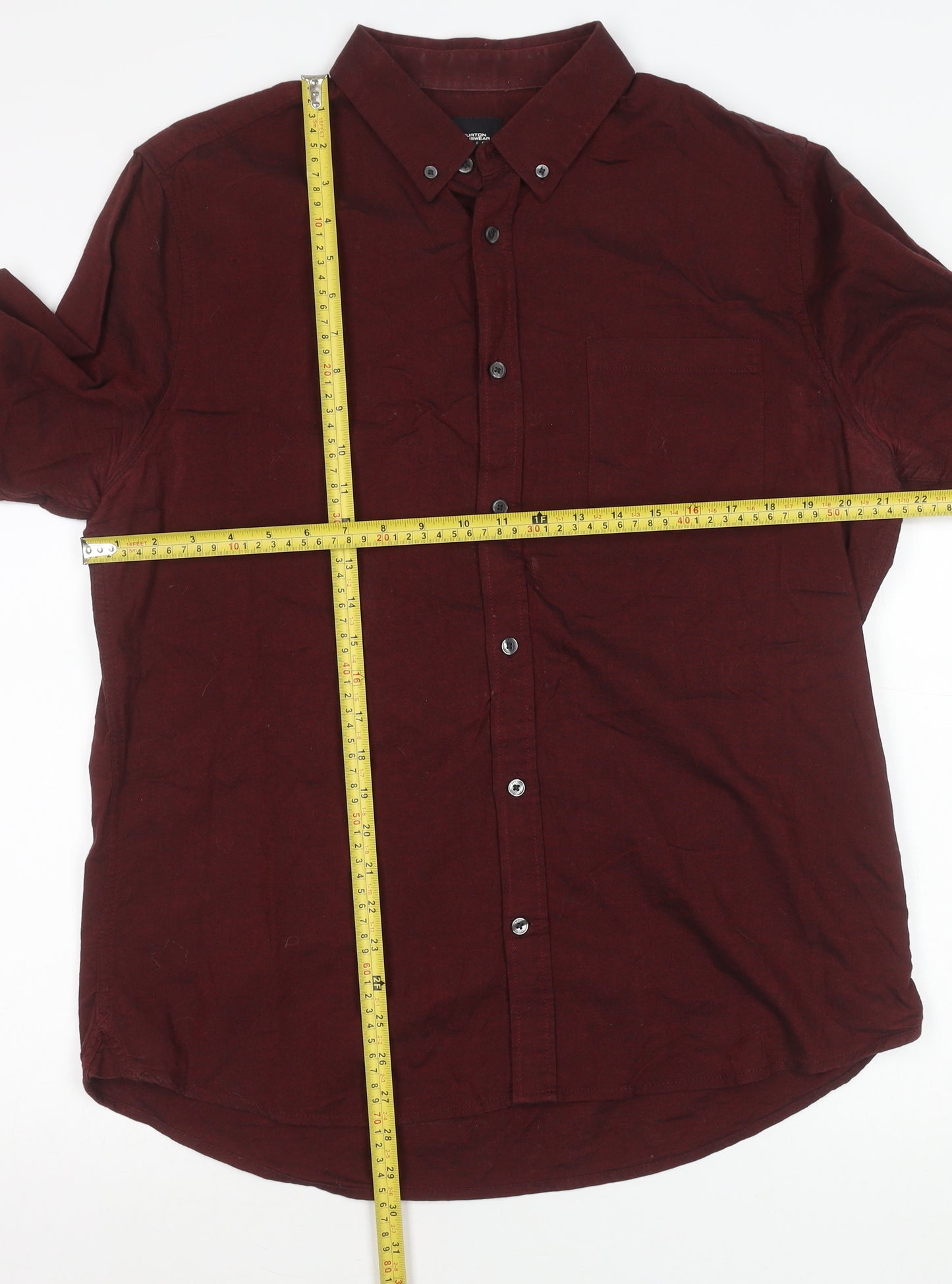 Burton Menswear London Men's Red Linen Cotton Long Sleeve Button-Up Shirt L