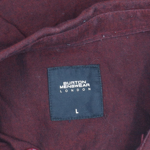 Burton Menswear London Men's Red Linen Cotton Long Sleeve Button-Up Shirt L