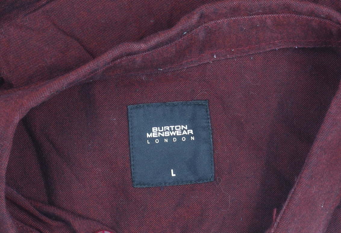 Burton Menswear London Men's Red Linen Cotton Long Sleeve Button-Up Shirt L