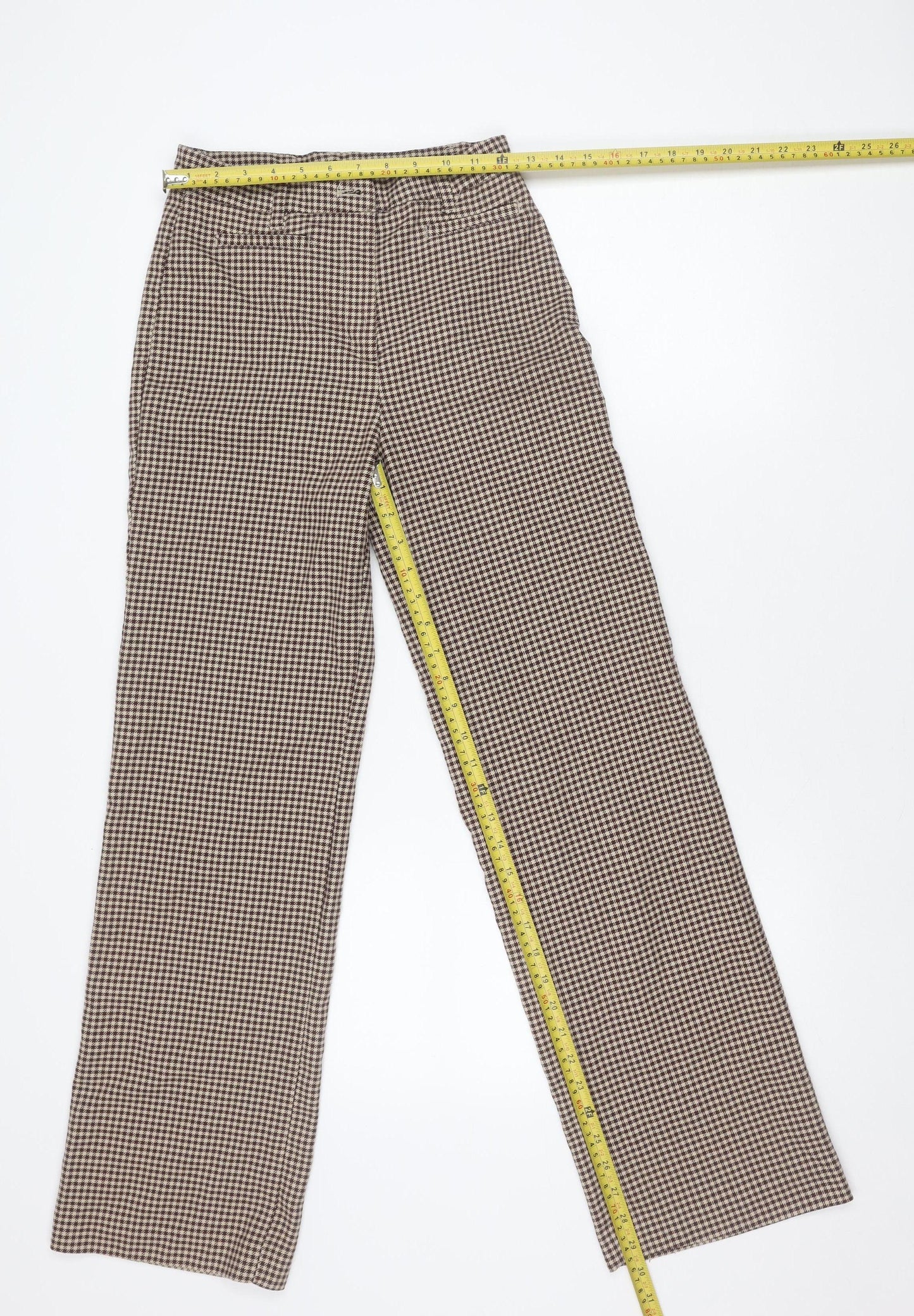 Monki Women's Brown Houndstooth Straight Leg Trousers Size 6 Regular