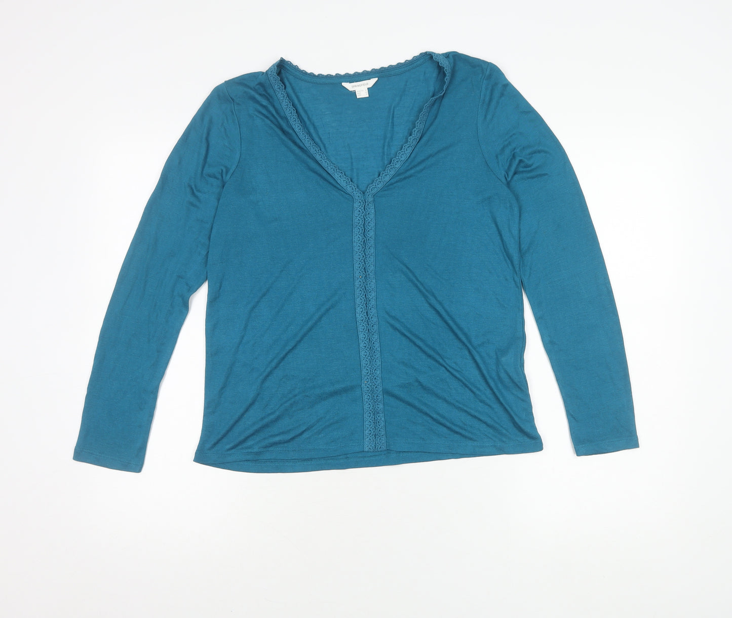 Springfield Women's Blue V-Neck Lace Trim Cardigan M Regular