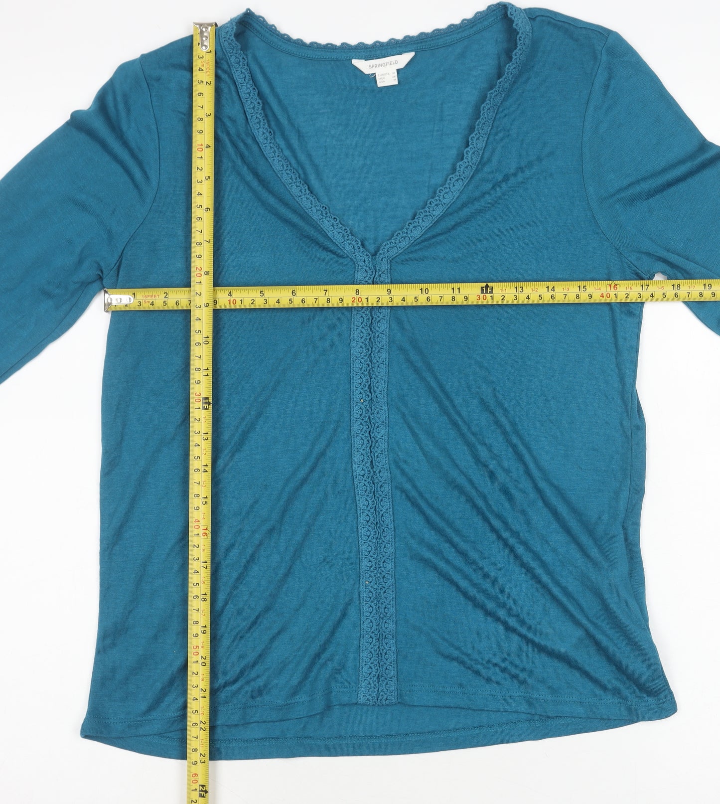 Springfield Women's Blue V-Neck Lace Trim Cardigan M Regular