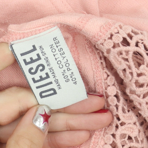 Diesel Women's Pink Crochet Hem Crew Neck Pullover Jumper M