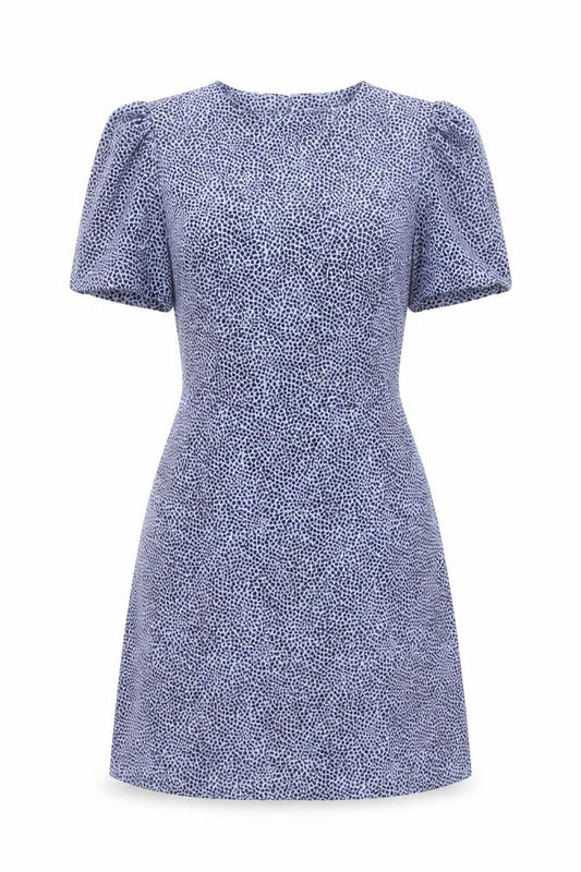 Front view of Warehouse Women’s Blue Geometric Puff Sleeve A-Line Dress, size UK 8