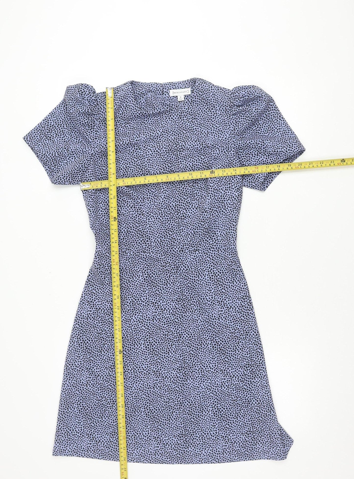 Warehouse Women’s Blue Geometric Puff Sleeve A-Line Dress Size 8