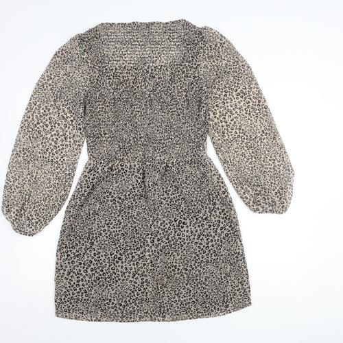 &et Women’s Beige Leopard Print Mini Dress Size 10 Puff Sleeves