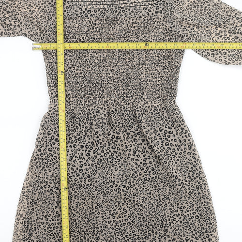 &et Women’s Beige Leopard Print Mini Dress Size 10 Puff Sleeves