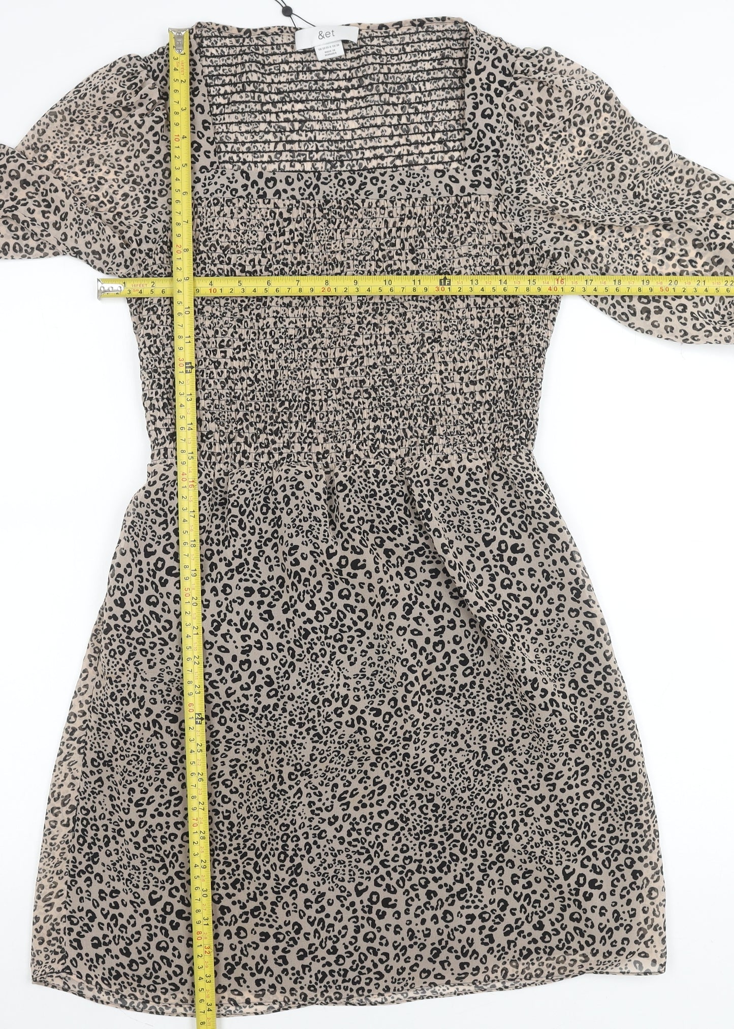 &et Women’s Beige Leopard Print Mini Dress Size 10 Puff Sleeves