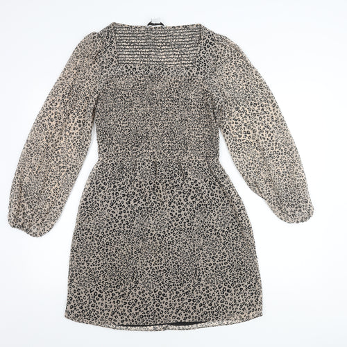 &et Women’s Beige Leopard Print Mini Dress Size 10 Puff Sleeves