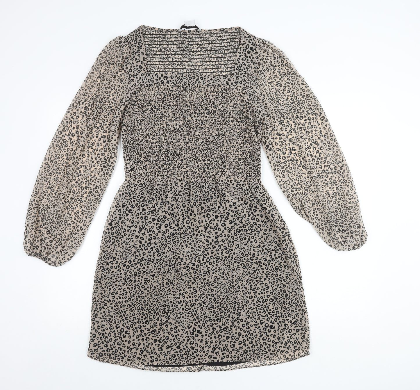 &et Women’s Beige Leopard Print Mini Dress Size 10 Puff Sleeves