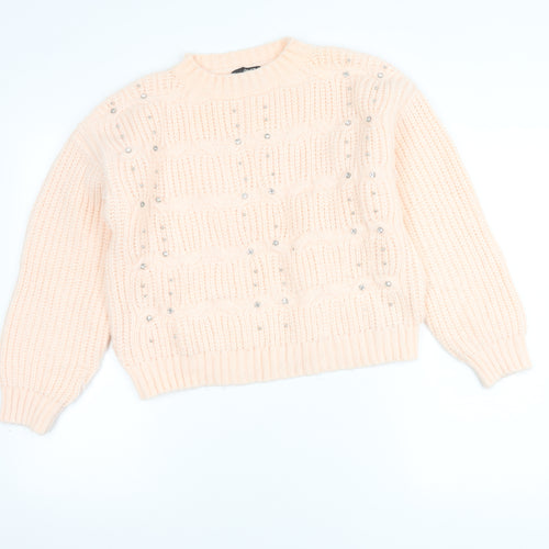 Quiz Women's Beige Beaded Chunky Knit Crew Neck Jumper Size S