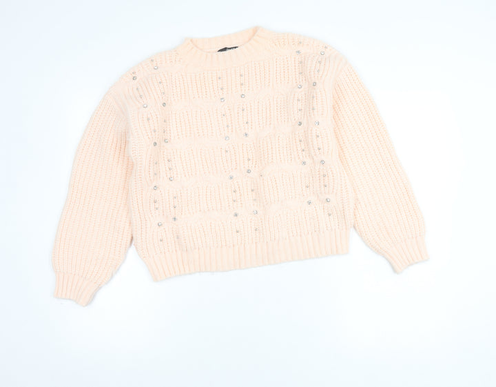 Quiz Women's Beige Beaded Chunky Knit Crew Neck Jumper Size S