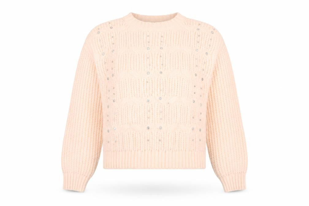 Quiz Women's Beige Beaded Chunky Knit Crew Neck Jumper Size S