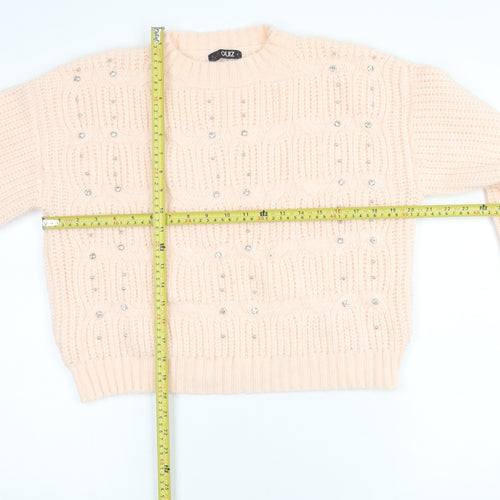 Quiz Women's Beige Beaded Chunky Knit Crew Neck Jumper Size S