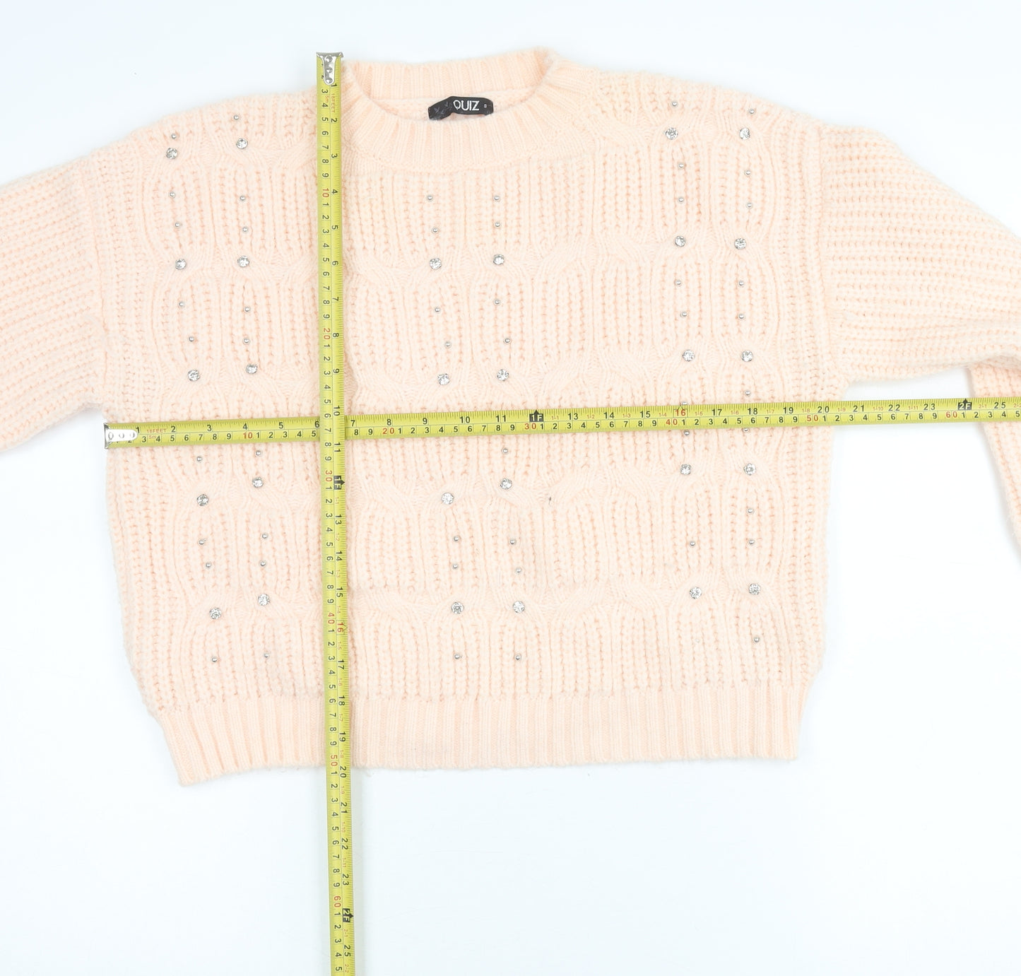 Quiz Women's Beige Beaded Chunky Knit Crew Neck Jumper Size S