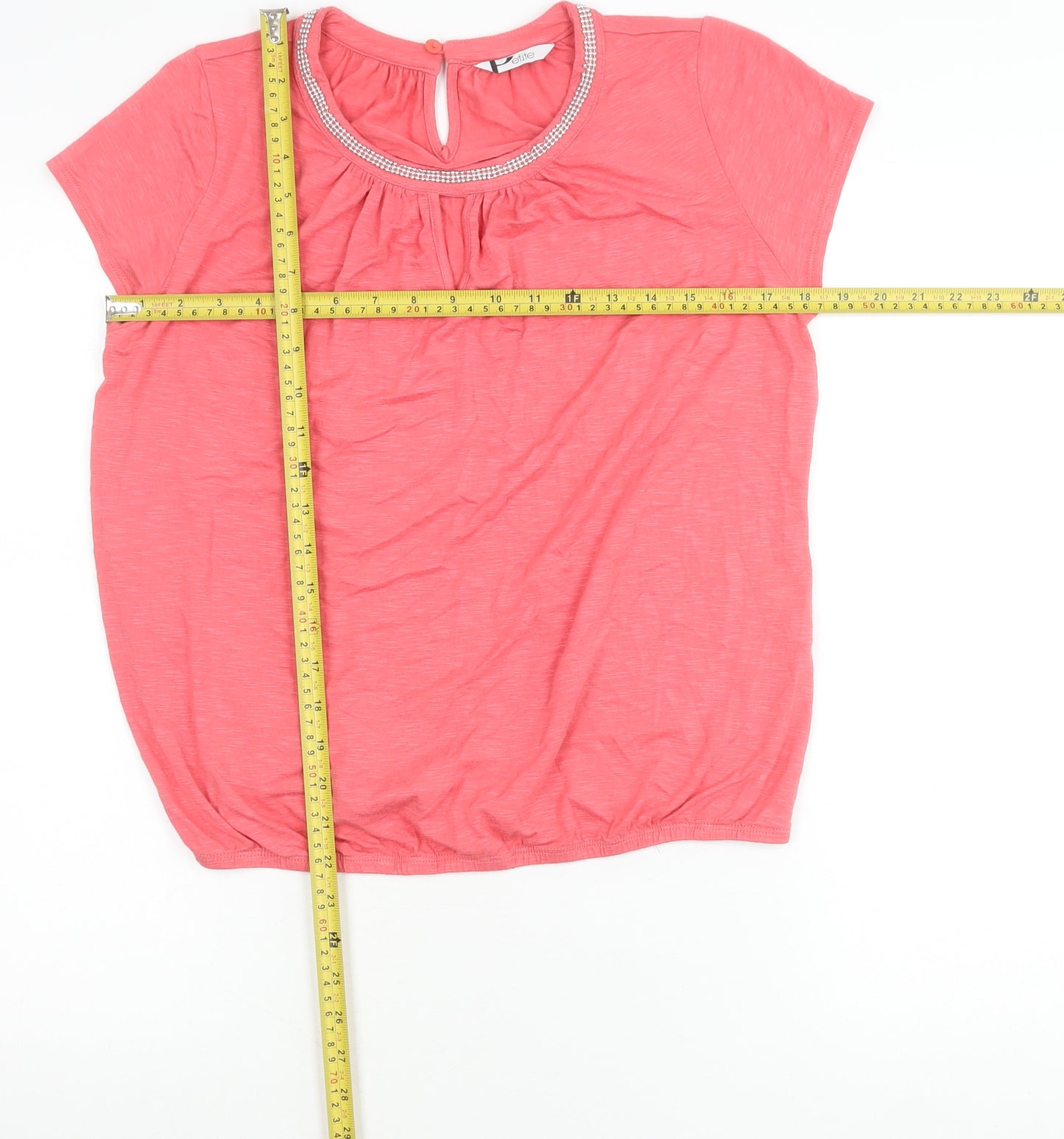 BHS Women’s Petite Pink Beaded Round Neck Short Sleeve Blouse Size 14