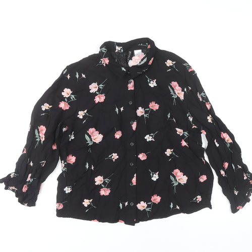 H&M Women’s Black Floral Collared Long Sleeve Blouse UK 6
