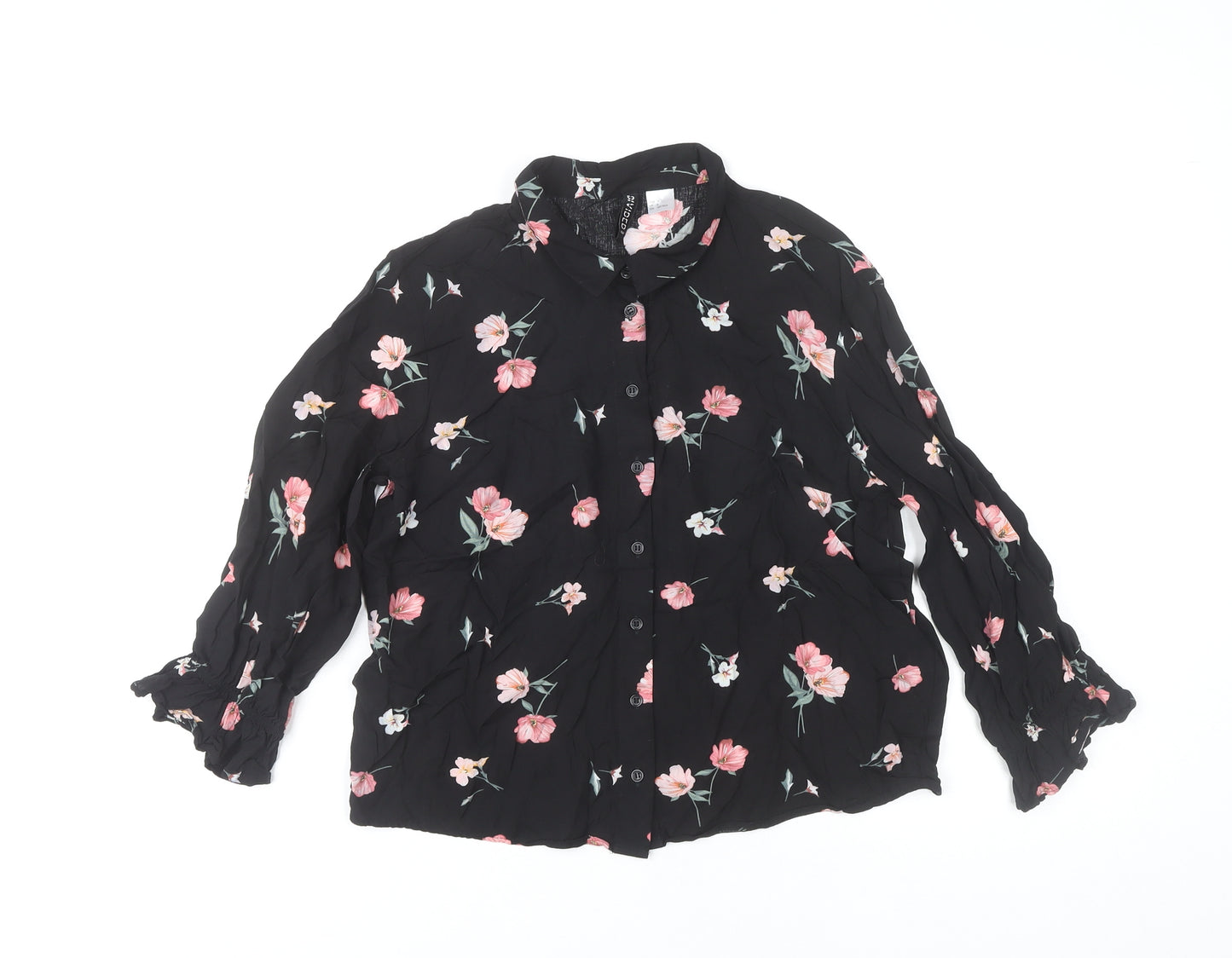 H&M Women’s Black Floral Collared Long Sleeve Blouse UK 6