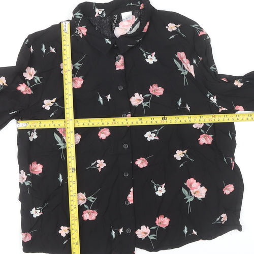 H&M Women’s Black Floral Collared Long Sleeve Blouse UK 6