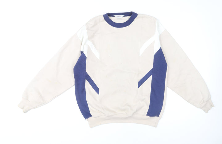 Gabicci Men's Beige Navy 90s Vintage Geometric Pullover Sweatshirt M