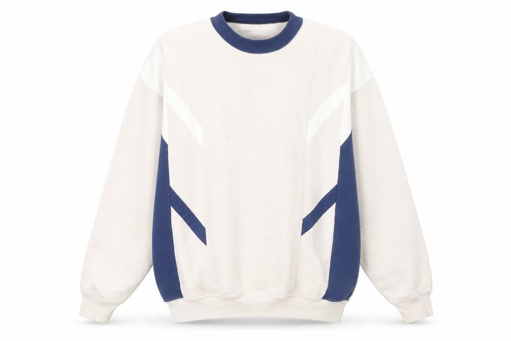 Front view of Gabicci Men's Beige Navy 90s Vintage Geometric Pullover Sweatshirt M